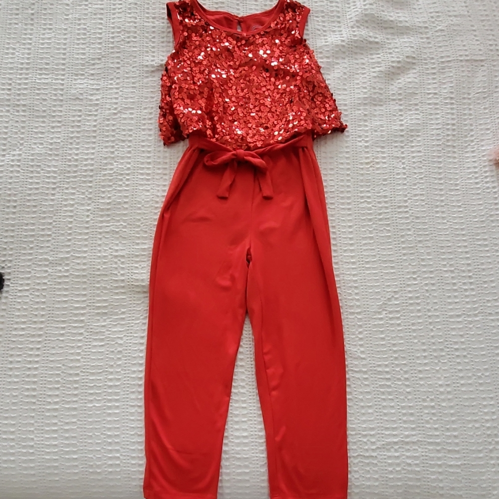 4-5(xs) girls red with sequin jumpsuit